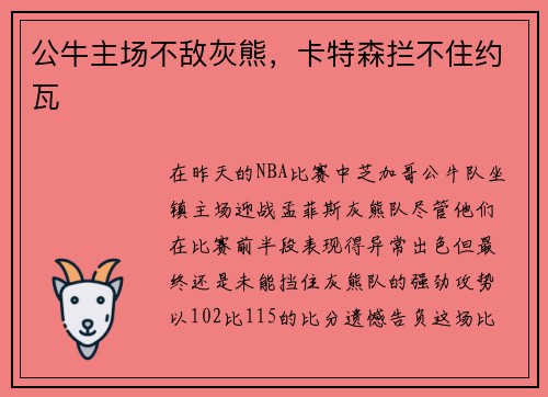 公牛主场不敌灰熊，卡特森拦不住约瓦