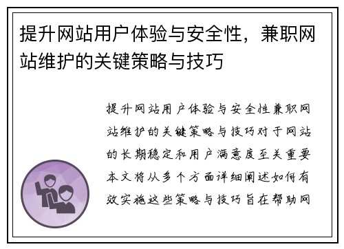 提升网站用户体验与安全性，兼职网站维护的关键策略与技巧