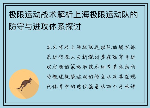 极限运动战术解析上海极限运动队的防守与进攻体系探讨