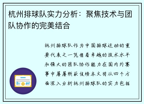 杭州排球队实力分析：聚焦技术与团队协作的完美结合