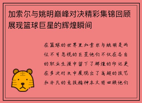 加索尔与姚明巅峰对决精彩集锦回顾展现篮球巨星的辉煌瞬间