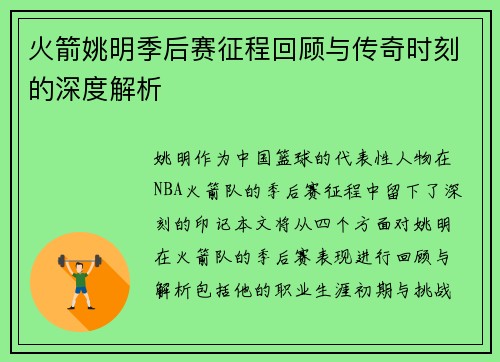 火箭姚明季后赛征程回顾与传奇时刻的深度解析