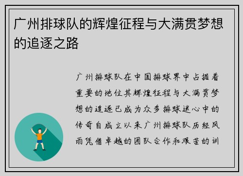 广州排球队的辉煌征程与大满贯梦想的追逐之路