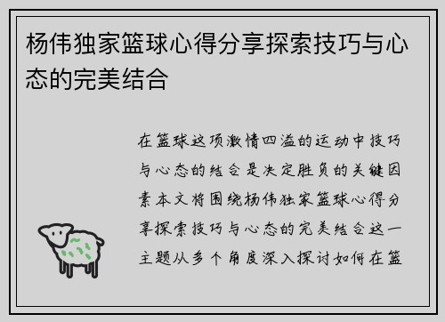 杨伟独家篮球心得分享探索技巧与心态的完美结合