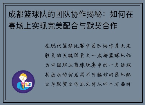 成都篮球队的团队协作揭秘：如何在赛场上实现完美配合与默契合作