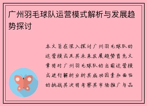 广州羽毛球队运营模式解析与发展趋势探讨