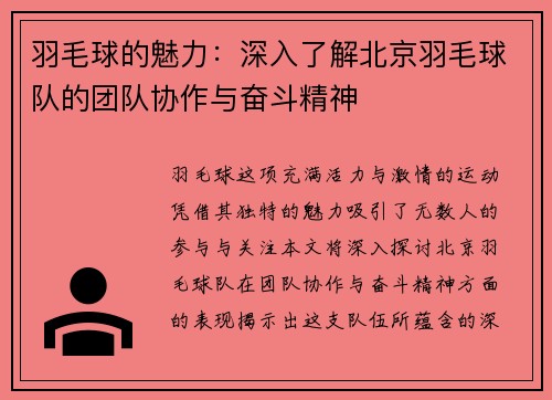 羽毛球的魅力：深入了解北京羽毛球队的团队协作与奋斗精神