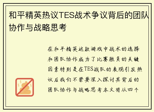 和平精英热议TES战术争议背后的团队协作与战略思考