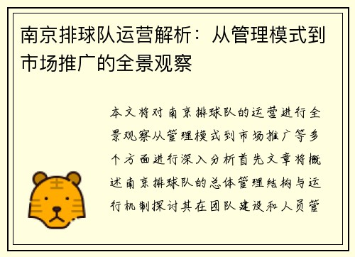 南京排球队运营解析：从管理模式到市场推广的全景观察